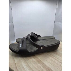 Crocs Patricia Wedge Sandal Women 10 Brown Slip On Casual Comfort Strappy Summer